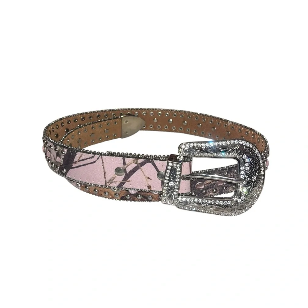 Girls Nocona Pink Camo Rhinestone Western Belt - Size 28